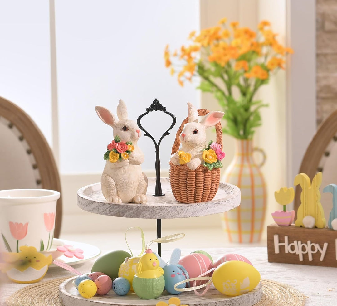 VALERY MADELYN 2 Stück Osterhasen für Osterdeko draussen,Dekohase Harz mit Osterkörbchen Blumen für
