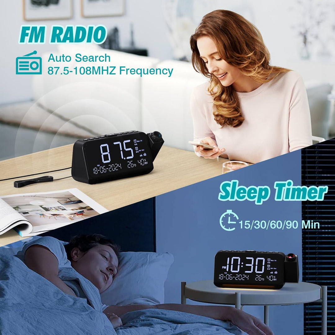 Mesqool Radiowecker mit 320° Projektor, Digitaluhr für Schlafzimmer, USB/Type-C-Anschluss, Doppelala