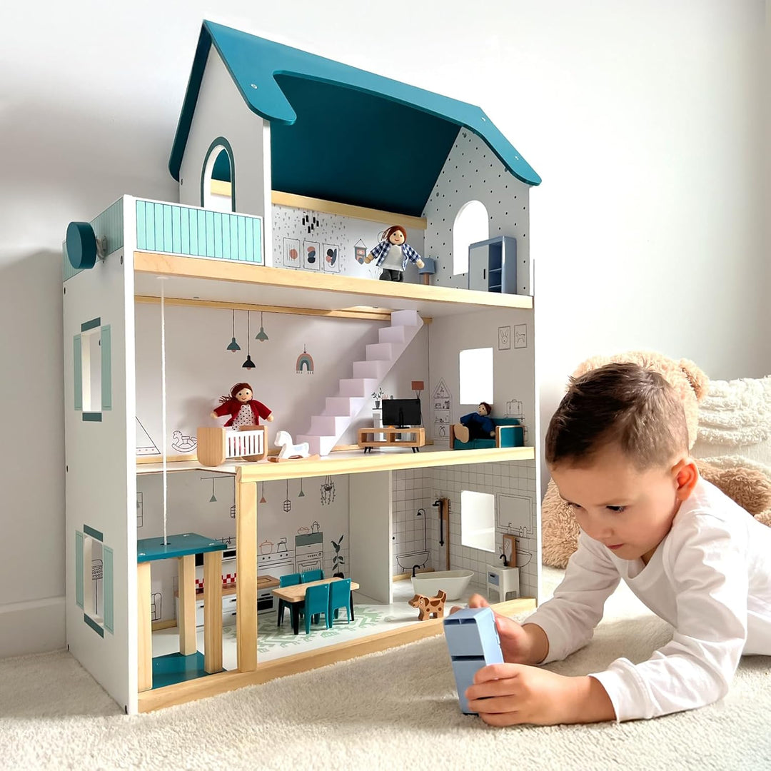 OOOK Puppenhaus Holz mit Hebbarer Aufzug, Puppenhaus Gross ab 3 Jahren Mädchen, Doll House for Girls
