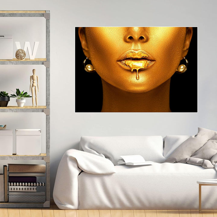 wandmotiv24 Poster als Wanddeko, Grösse 100x70cm, Gold Collection, Frau in Gold, Lippen, Farbe, Schm