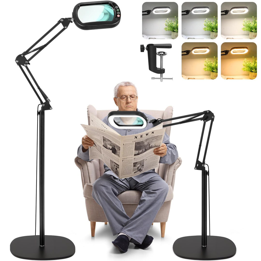 10X Lupe mit Licht und Ständer, 3-in-1 Lupen-Stehleuchte, 5 Farbmodi Dimmbar lupenlampe, leselupe fü