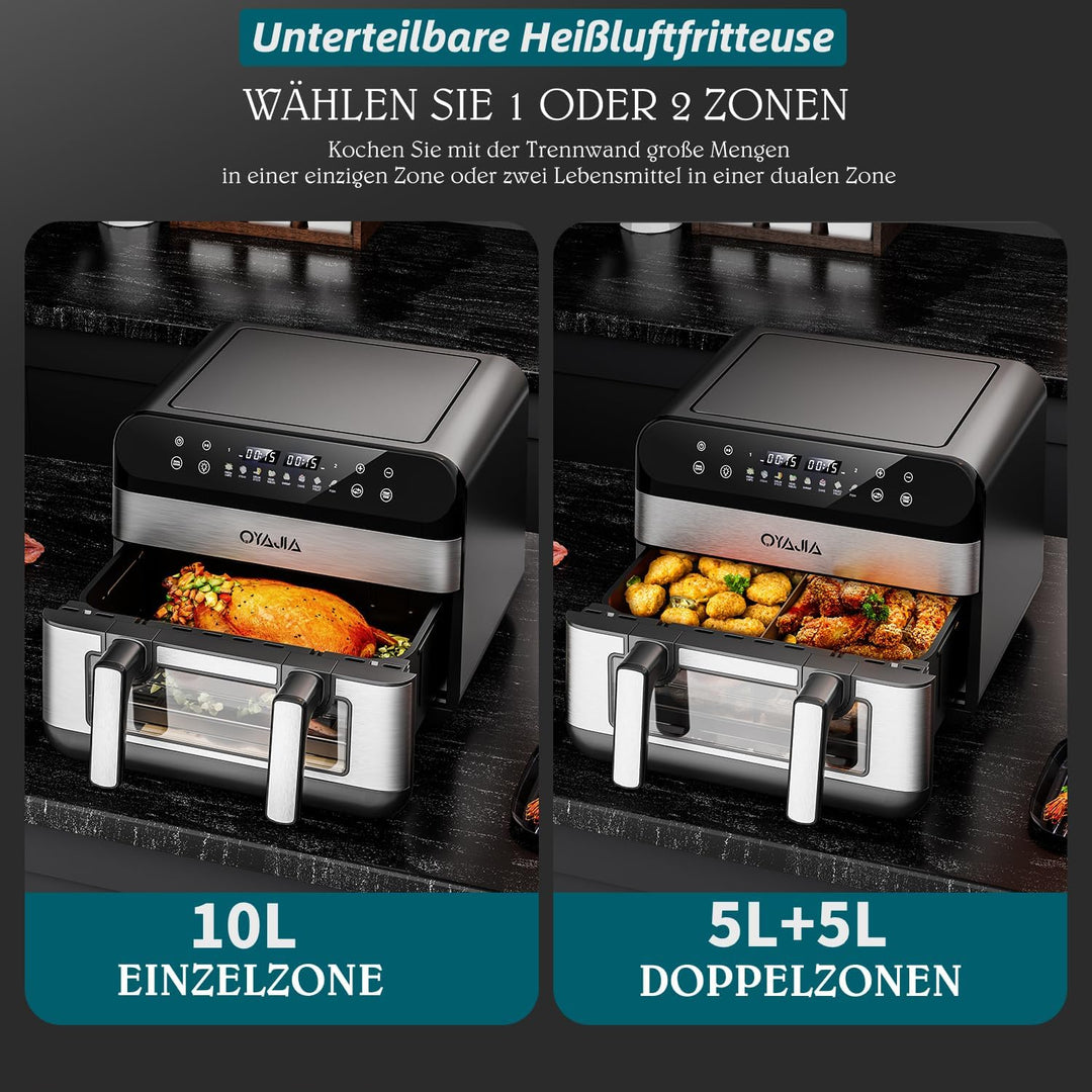 Heissluftfritteuse mit Sichtfenster, 10L XL Kapazität Doppel-Airfryer, 8-in-1 Kochvorgaben, LED Touc