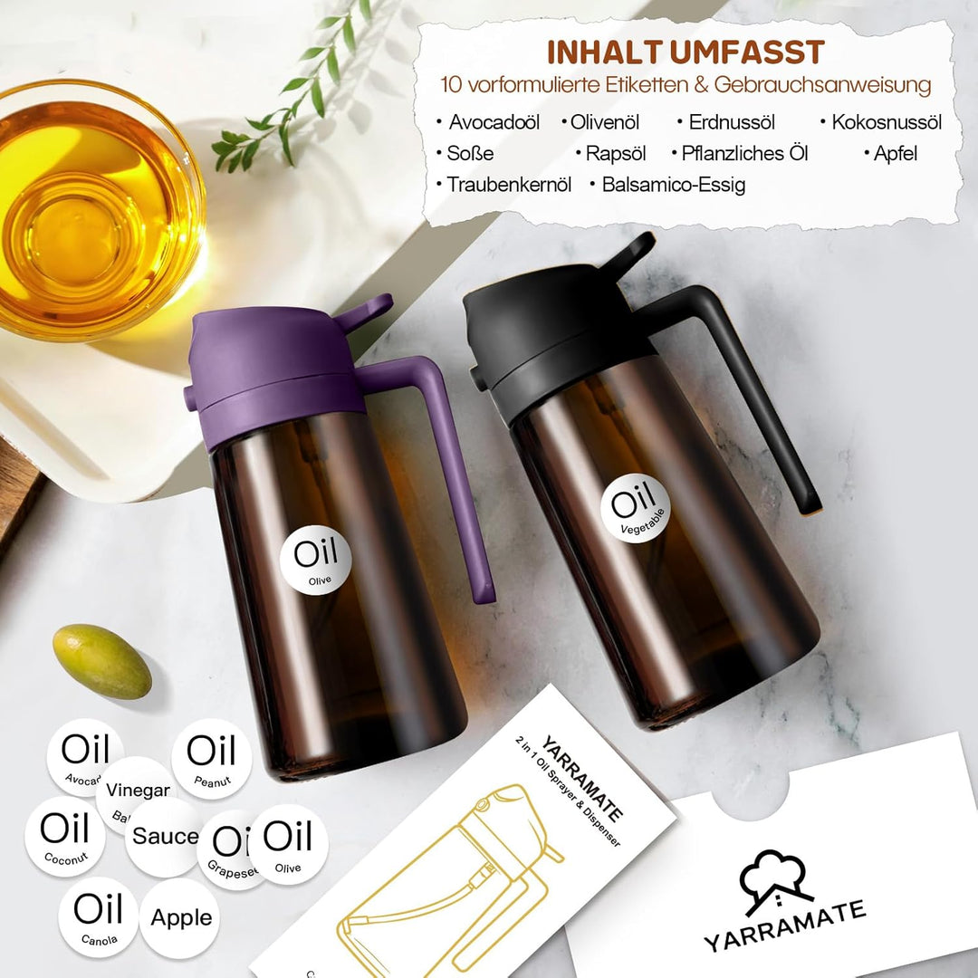YARRAMATE 2 Stück 470ml Ölsprüher zum Kochen, 2-in-1 UV Schutz ölzerstäuber für die Küche, Bernstein