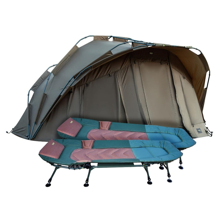 Anglerset Karpfenzelt + 2 Liegen Fort Knox 1-2 Mann Personen Dome Zelt 2 x 8-Bein Set Angelzelt Angl