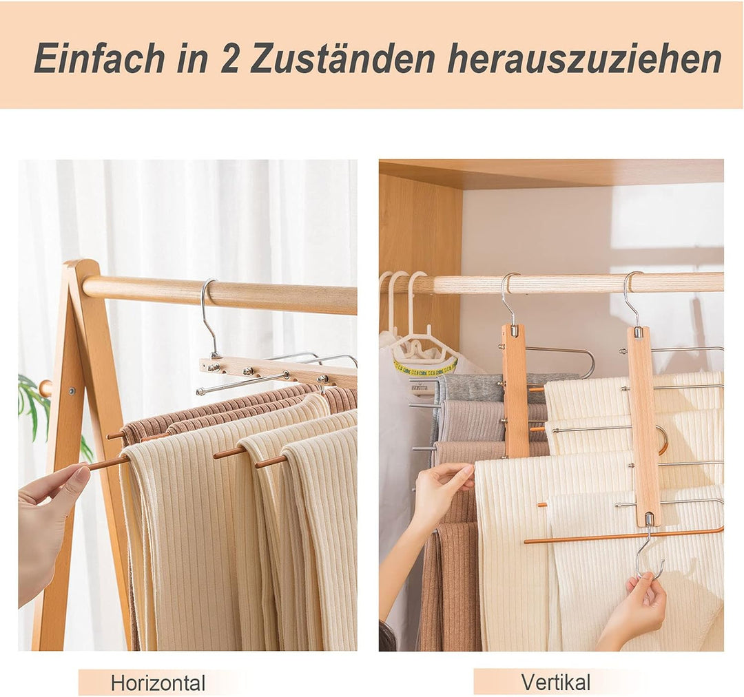 2 Stück 5in1 Hosenbügel Platzsparend,Edelstahl Hosenbügel rutschfeste Robuster, Holz Hosenkleiderbue