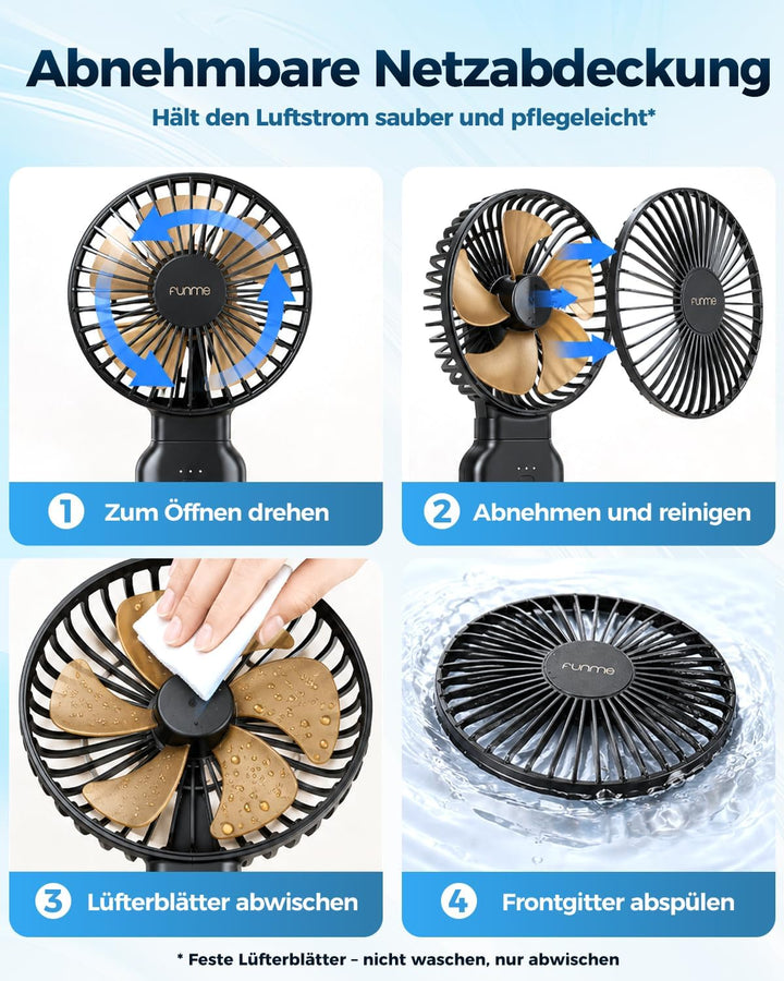 Funme Handventilator 10000mAh, 53H Laufzeit Tragbarer Lüfter mit Powerbank, Ventilator Hand 4 Stufen