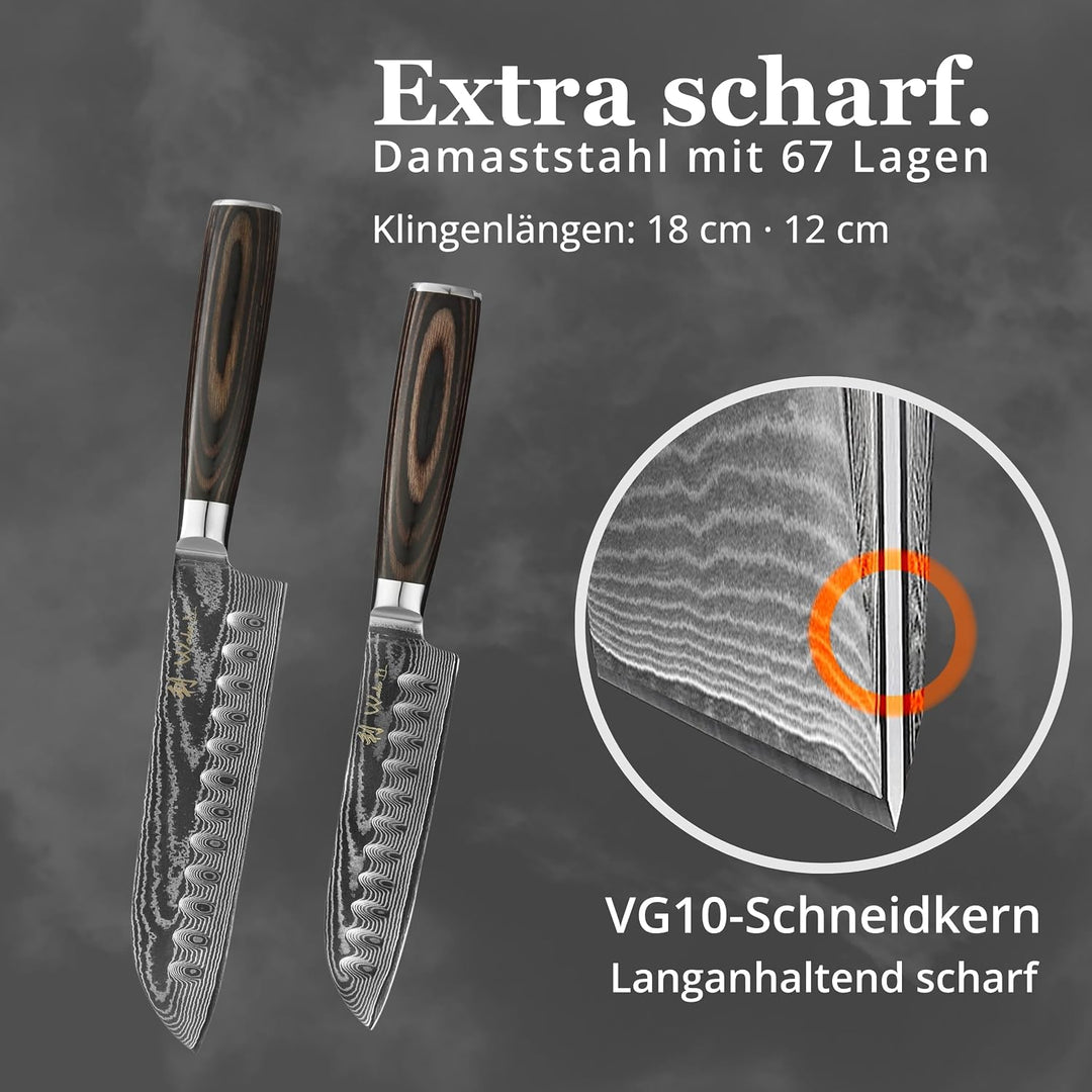Wakoli EDIB Essentials 2er Damast Küchenmesser Set - 12cm & 18cm Santoku Messer aus 67 Lagen Damasts