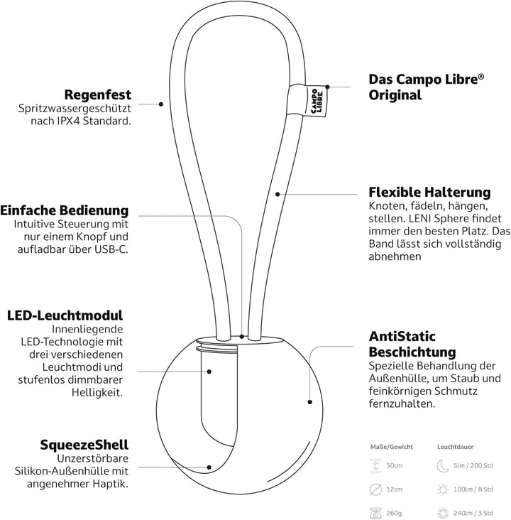 Campo Libre.® LENI I Campinglampe I flexible Outdoorlampe zum Aufhängen, Hinstellen und Montieren I