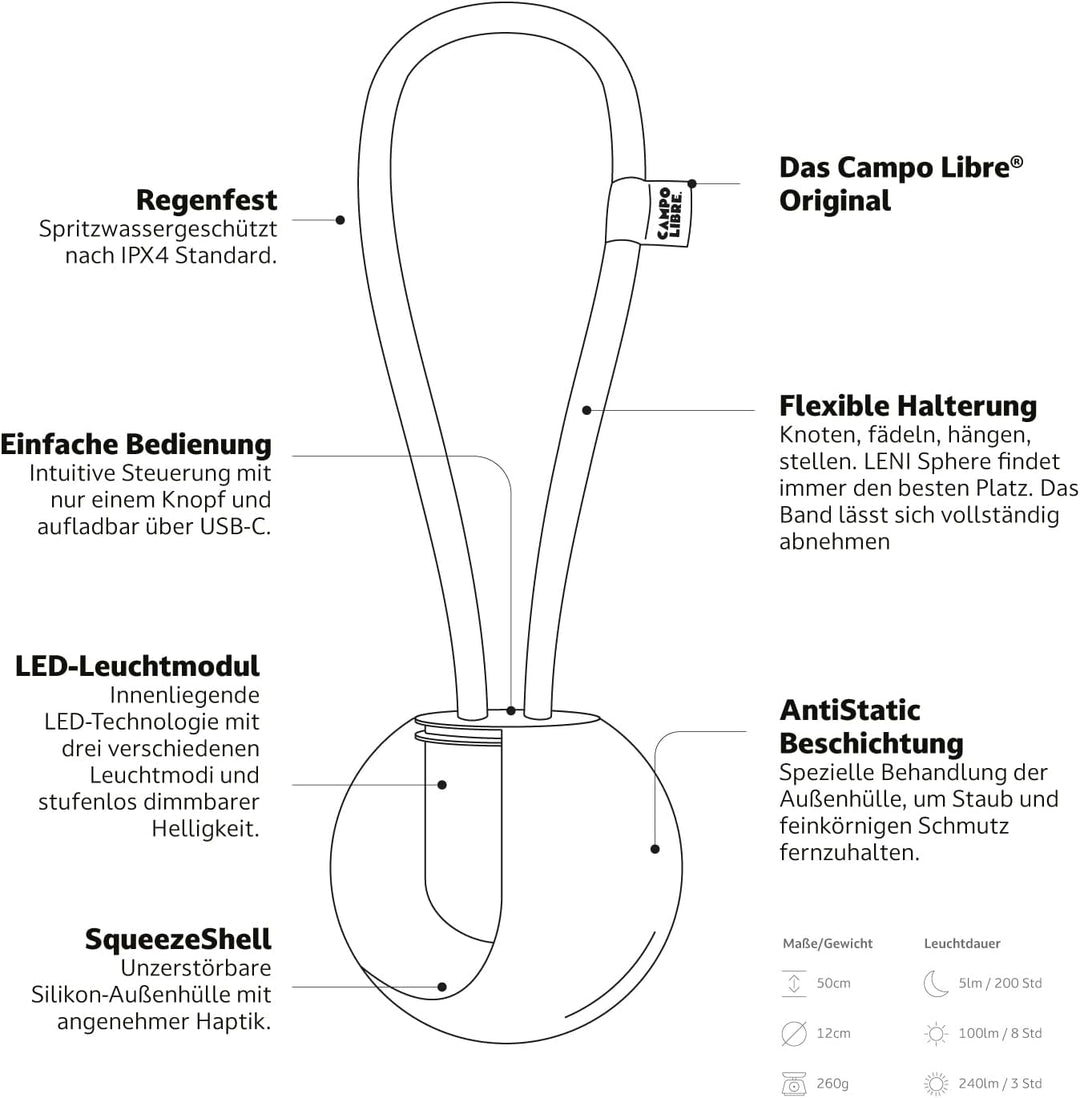 Campo Libre.® LENI I Campinglampe I flexible Outdoorlampe zum Aufhängen, Hinstellen und Montieren I