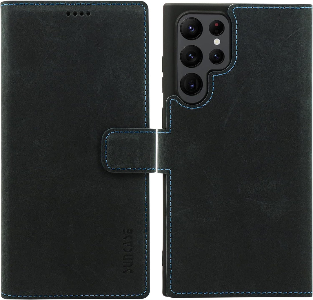 Suncase Book-Style Hülle kompatibel mit Samsung Galaxy S22 Ultra 5G Leder Tasche (Slim-Fit) Lederhül
