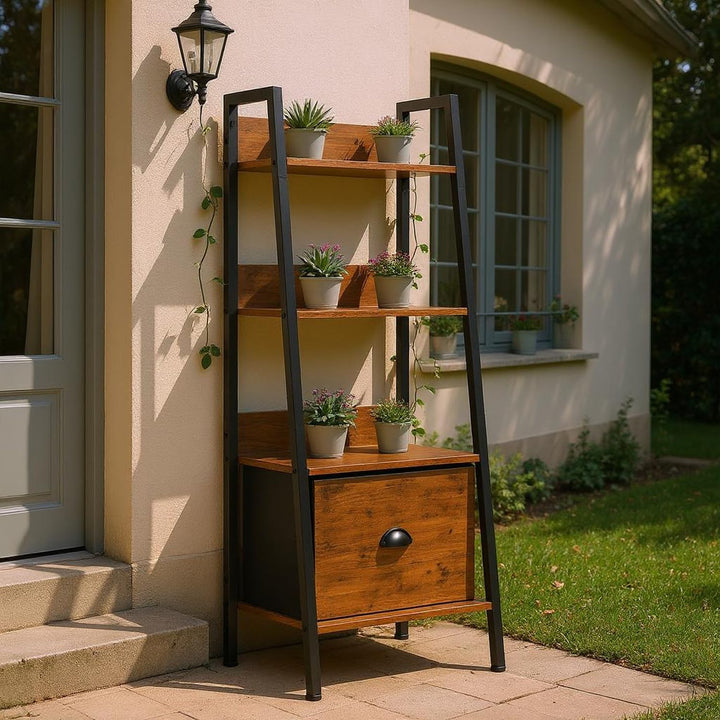 FurnitureR Pflanzenregal Leiterstil 42x29x110 cm, 4 Ebenen, Stoffschublade, 12 mm Holzplatten & 20 m