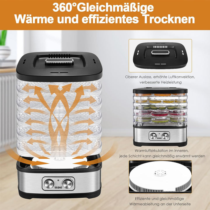 YASHE Dörrautomat, 5 Höhenverstellbare Tabletts, Temperaturregelung 35–70°C, 240W, BPA-Frei, Leiser