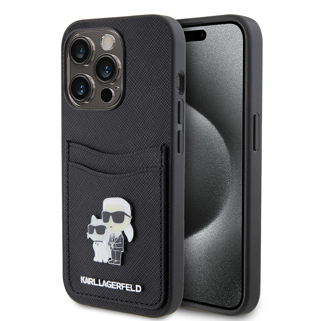 CG MOBILE Karl Lagerfeld Saffiano Hülle mit Kartenfach für iPhone 15 Pro (Schwarz), Schwarz