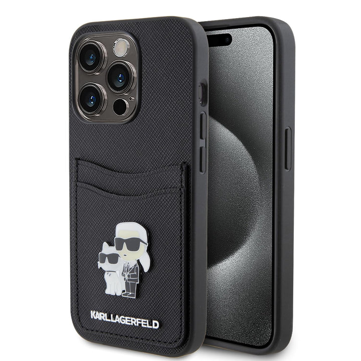 CG MOBILE Karl Lagerfeld Saffiano Hülle mit Kartenfach für iPhone 15 Pro (Schwarz), Schwarz