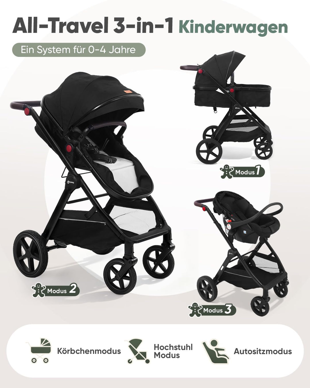 Sekey Kombi Kinderwagen Baby 3 in 1 Komplettset mit Regenschutz und Moskitonetz, Kinderwagen mit Lie