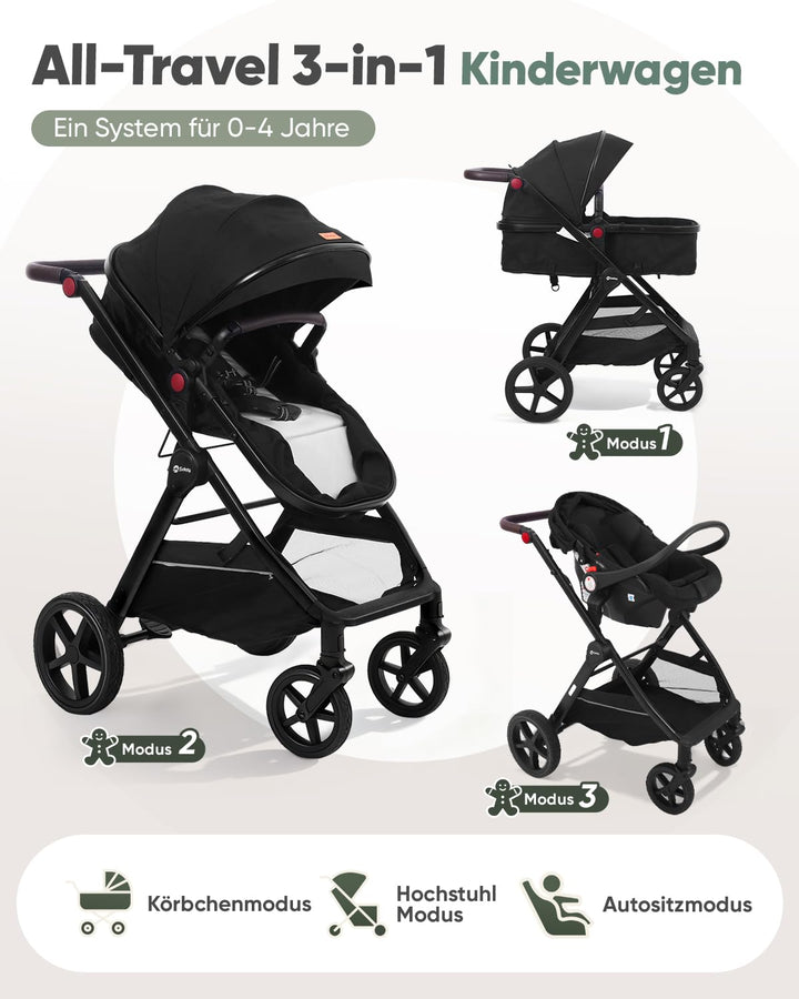 Sekey Kombi Kinderwagen Baby 3 in 1 Komplettset mit Regenschutz und Moskitonetz, Kinderwagen mit Lie