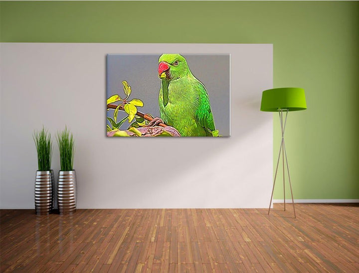 schöner Halsbandsittich beim Essen NewArt Format: 100x70 cm auf Leinwand, XXL riesige Bilder fertig