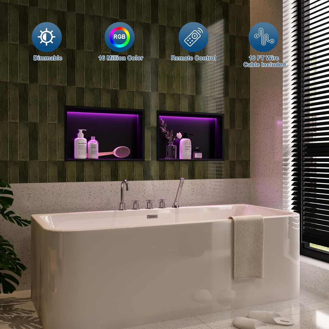 Wandnische Dusche Edelstahl mit RGB LED-Licht, Eingebettete Duschnische Schwarz Einzelregal Lagerung