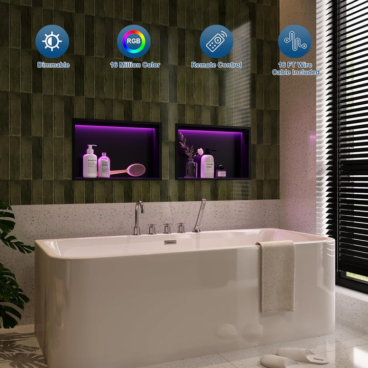 Wandnische Dusche Edelstahl mit RGB LED-Licht, Eingebettete Duschnische Schwarz Einzelregal Lagerung