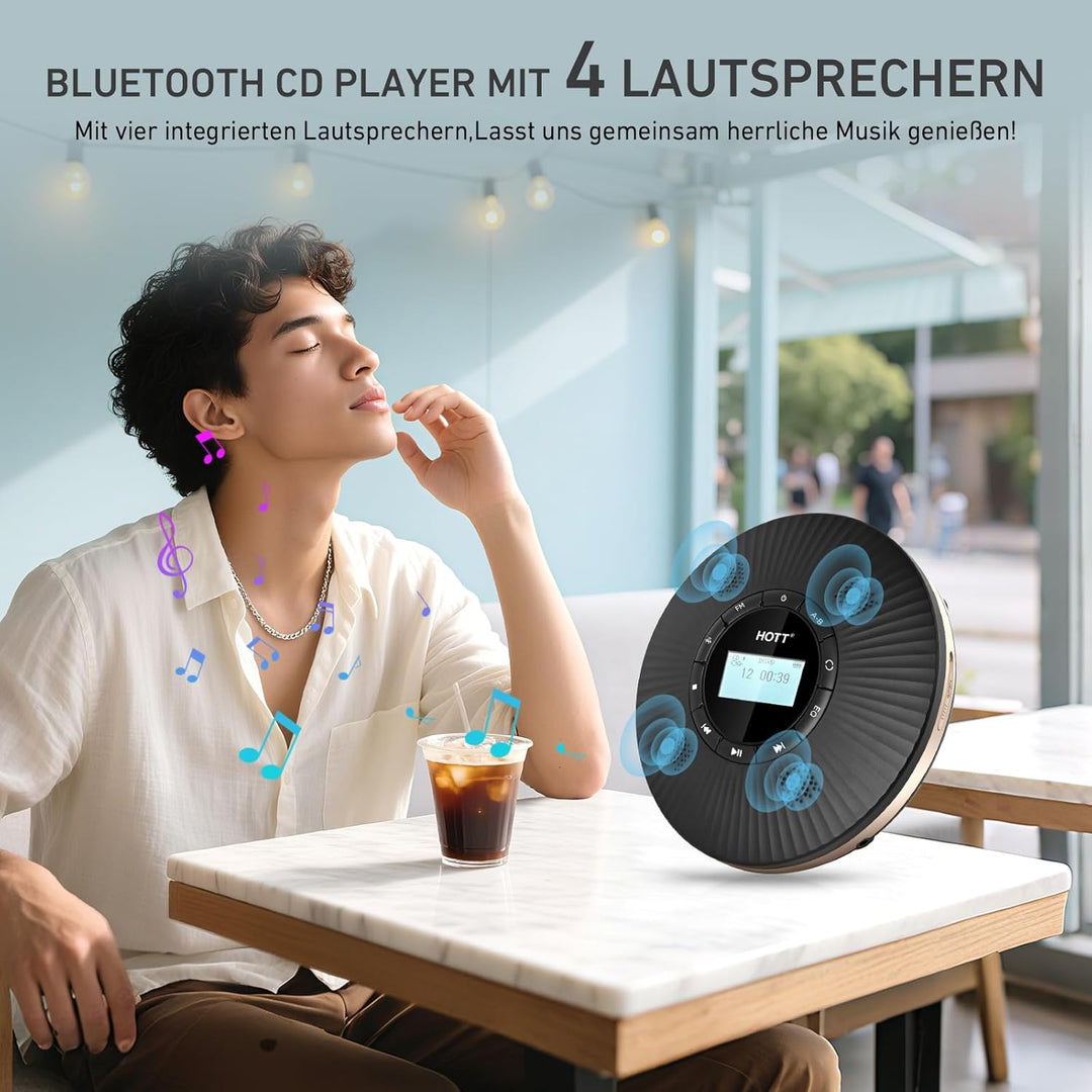 HOTT CD Player Tragbar Bluetooth CD-Player mit 4 Lautsprecher und FM-Transmitter, Tragbarer CD Playe