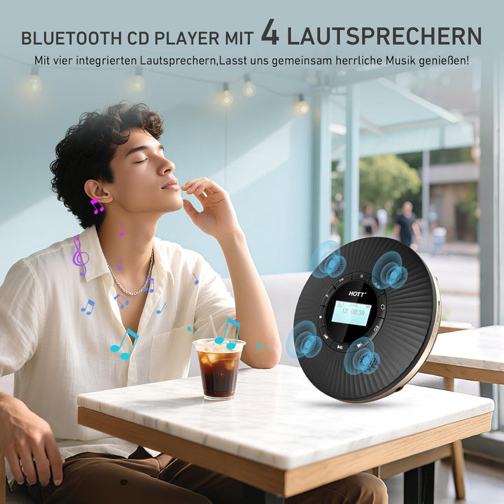 HOTT CD Player Tragbar Bluetooth CD-Player mit 4 Lautsprecher und FM-Transmitter, Tragbarer CD Playe