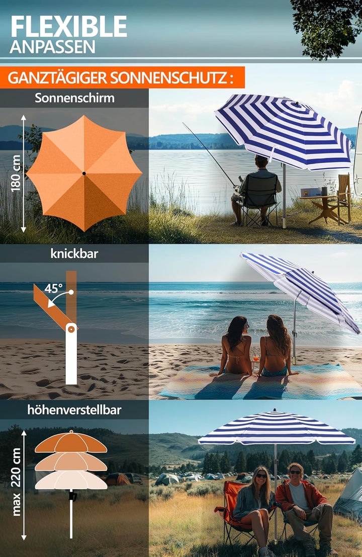4smile Sonnenschirm Strand Ø 180 cm mit Rasendorn, 3-IN-1-SET, Blau-Weiss | Strandschirm windfest st