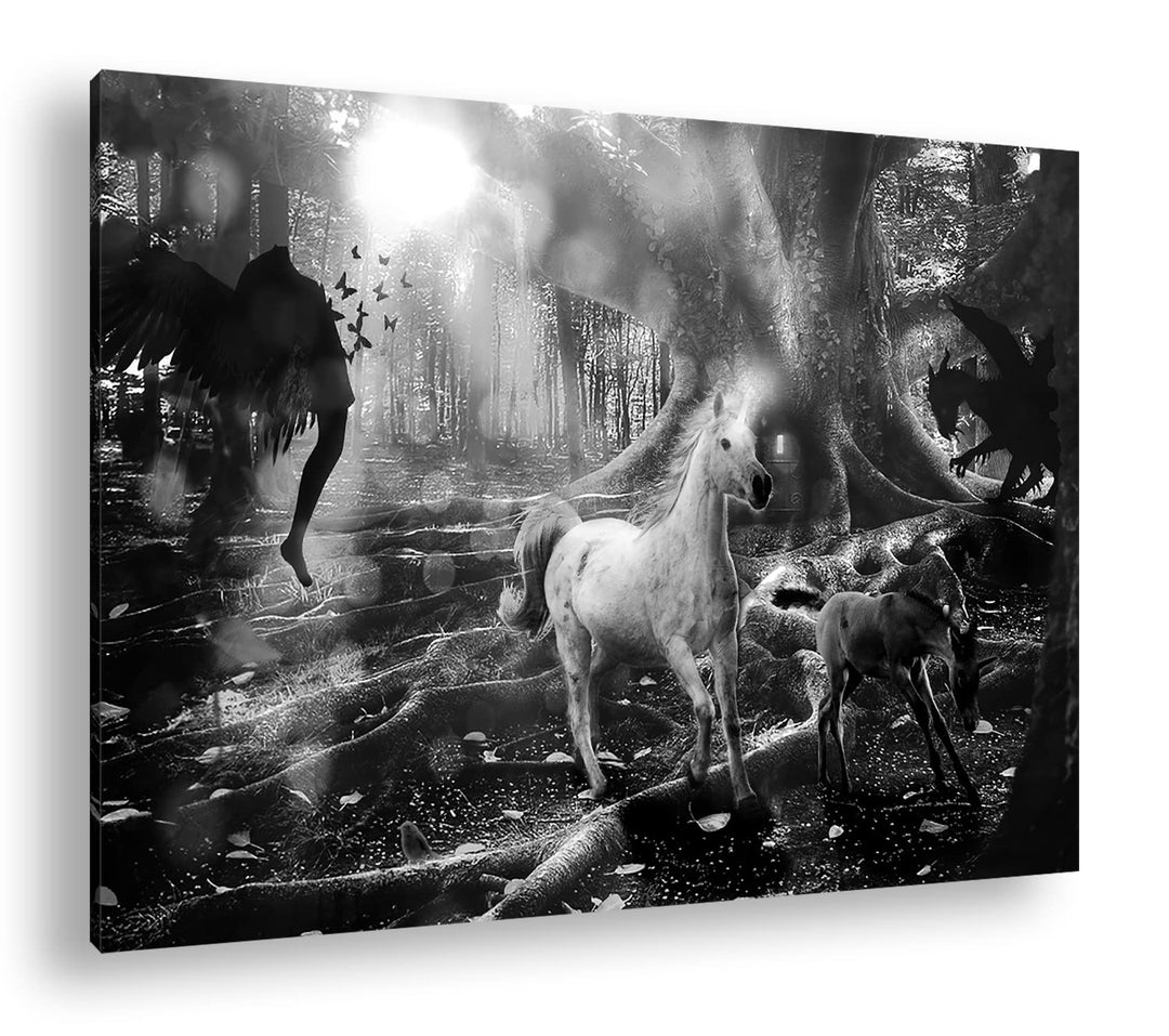 deyoli zauberhaftes Einhorn Format: 80x60 Effekt: Schwarz&Weiss als Leinwandbild, Motiv fertig gerah