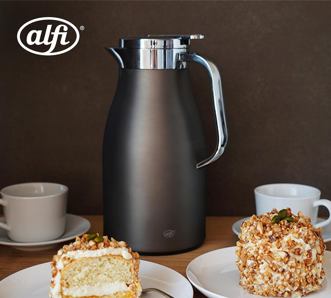 alfi SKYLINE 650ml, cool grey mat, Edelstahl-Isolierkanne mit hygienischem Hartglaseinsatz, Drehvers