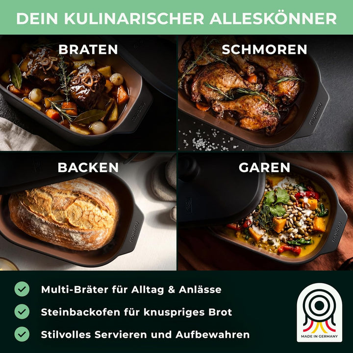 myromy® Bräter, Schmortopf & Brotbackform aus Keramik Natur-Ton: Bratentopf, Dampfgarer & Backform,