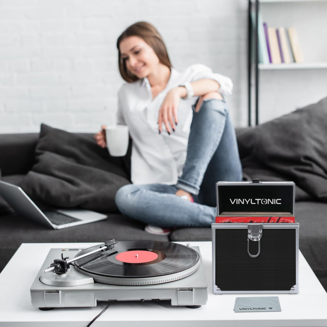 Vinyl Tonic 17,8 cm (7 Zoll) Vinyl-LP-Aufbewahrungsbox mit Tuch, Schwarz , Aktentasche, Schwarz