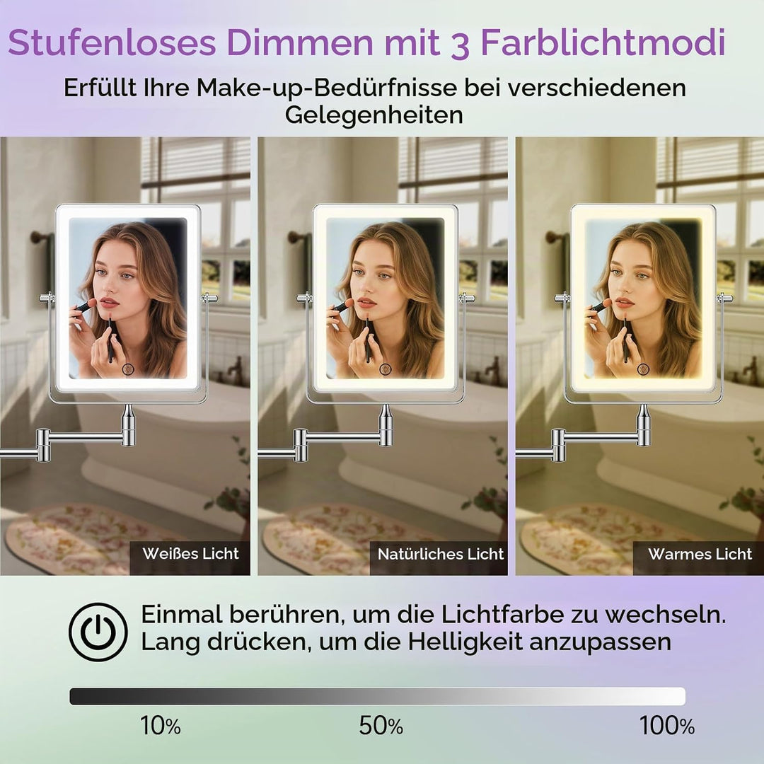 FASCINATE Wiederaufladbarer Kosmetikspiegel mit 1X/20X Vergrösserung, 3 dimmbare Lichtfarben, Touchs