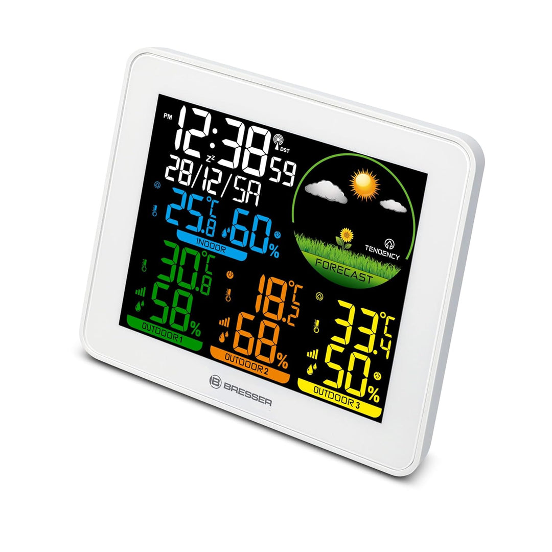 Bresser Farbwetterstation 3 Aussensensoren Temperatur Luftfeuchtigkeit Wettervorhersage Uhr Wecker 8