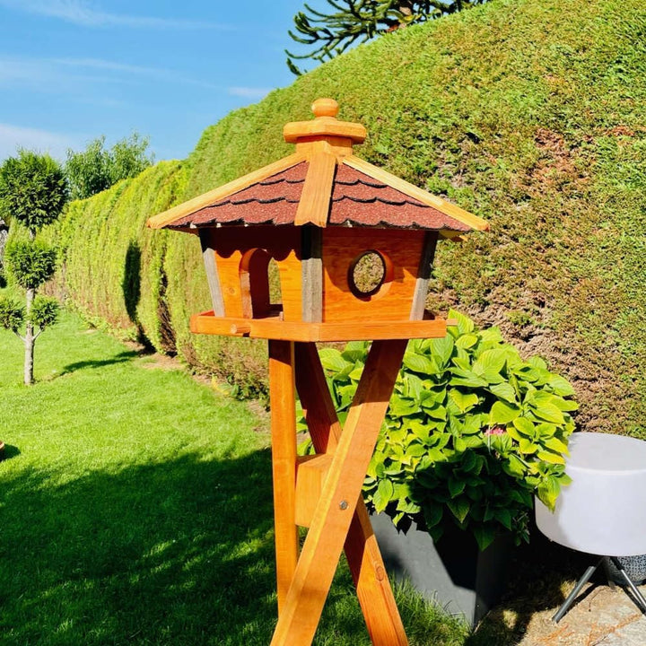 Vogel Futter Haus L oder XL Sechseck Holz Vogelhaus Futterstelle Braun/Blau, Rot, Schwarz und Grün (