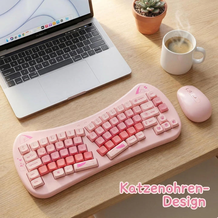 Rii Tastatur und Maus Set Katzenohren-Design, Kabellos 2,4GHz, Pastell Rosa, Kompaktes Schreibgerät