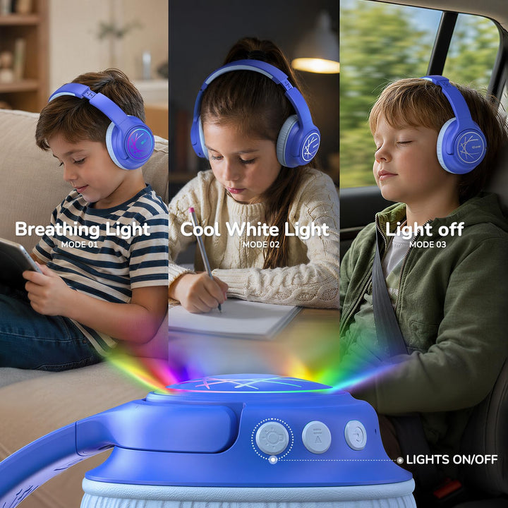 iClever Bluetooth Kopfhörer Kinder mit LED-Leuchten, 74/85dBA Lautstärkebegrenzung, 43 Stunden Spiel