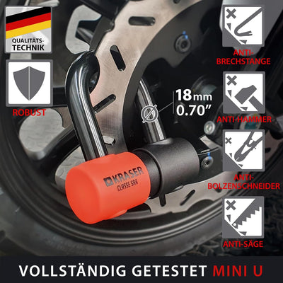 KRASER KR50120 Kettenschloss Schloss Motorrad-Scheibensperre gegen Diebstahl Mini U ø18 + Kette 120