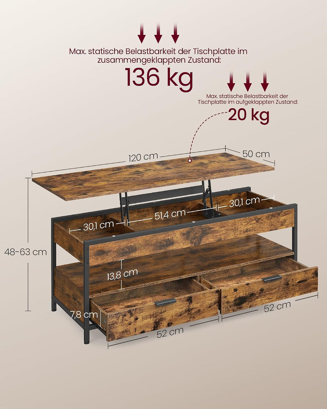 VASAGLE Couchtisch, höhenverstellbarer Wohnzimmertisch, Kaffeetisch, mit Schubladen, offenes Fach, 5