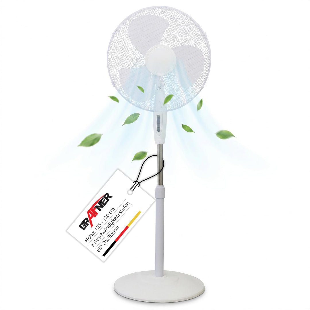 Grafner Standventilator 40 cm, 3 Geschwindigkeitsstufen, höhenverstellbar 105–120 cm, 80° Schwenkfun