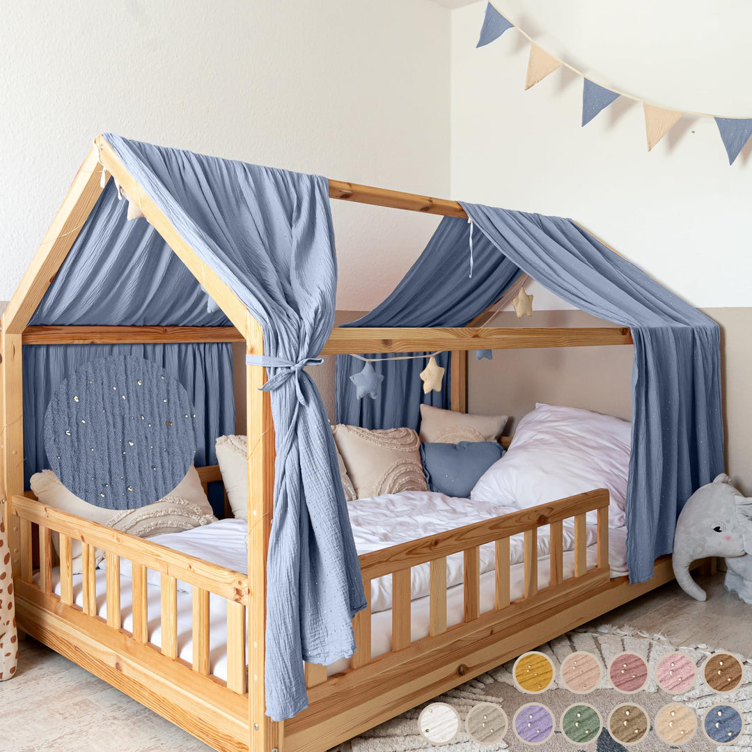 Hausbett Himmel mit Gold Applikation [in 12 Farben] Betthimmel Hausbett aus 100% Baumwolle Musselin