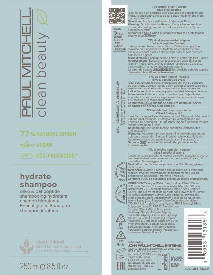 Paul Mitchell Clean Beauty Hydrate Shampoo – reichhaltige Haar-Wäsche mit Oliven-Öl, feuchtigkeitssp