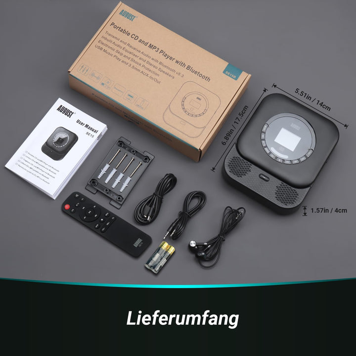 August SE15 Tragbarer Bluetooth 5.3 CD Player mit Lautsprecher 3,5mm Audio In/Out Wiederaufladbar CD