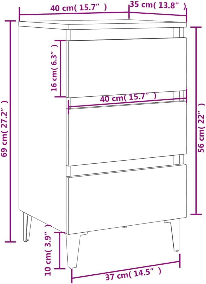 vidaXL 2X Nachttisch mit Metallbeinen 3 Schubladen Nachtschrank Nachtkonsole Nachtkommode Schlafzimm