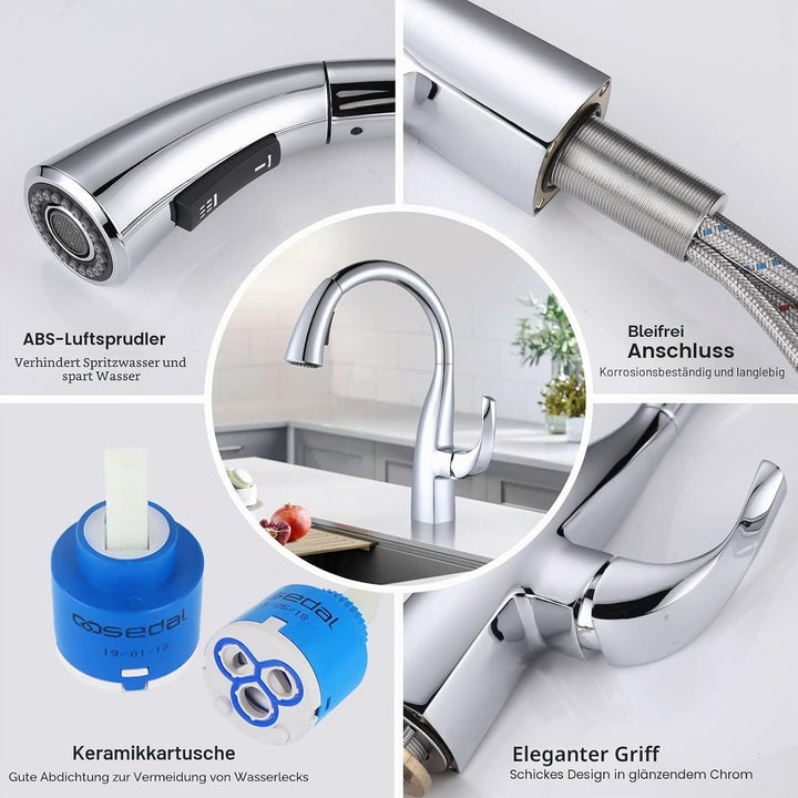 ARCORA Küchenarmatur mit Ausziehbarer Brause, 360° Schwenkbarer Wasserhahn für die Küche, 2 Strahlar