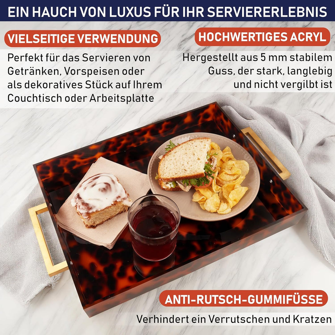 Acryl Serviertablett, goldene Griffe, 40,6 x 30,5 x 5,1 cm dekoratives Tablett für Tisch, Lebensmitt