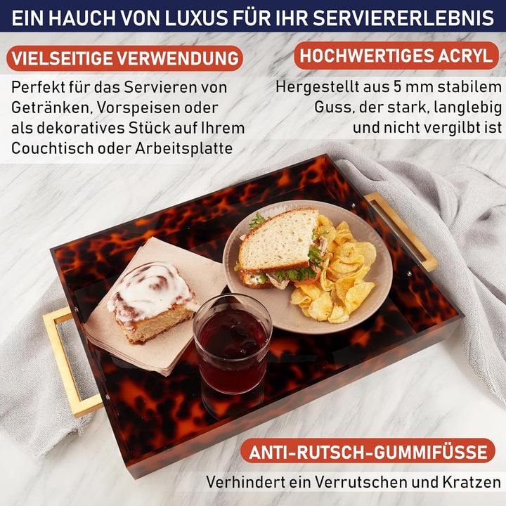 Acryl Serviertablett, goldene Griffe, 40,6 x 30,5 x 5,1 cm dekoratives Tablett für Tisch, Lebensmitt