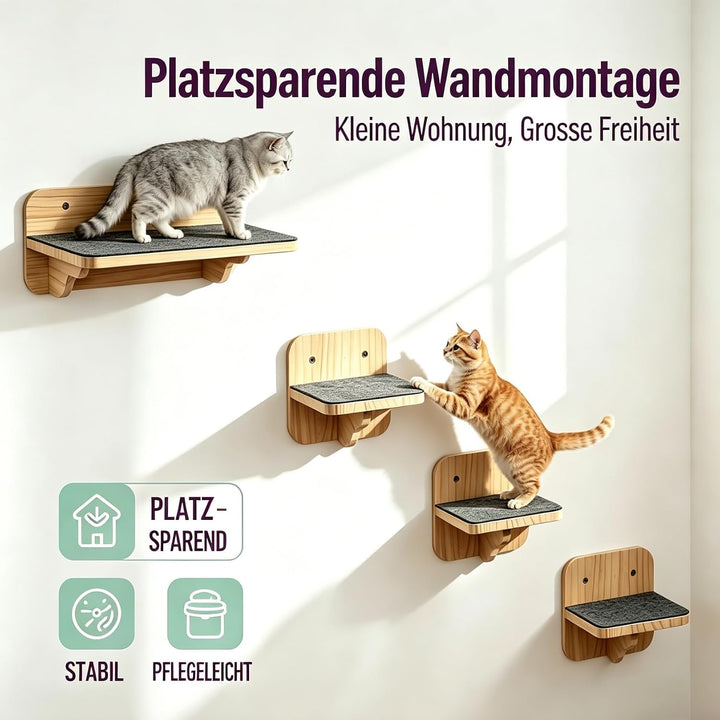 Katzentreppe Wand Holz 4er-Set Kletterwand frei Kombinierbar | Katzen Wandelemente inkl. 1 Plattform