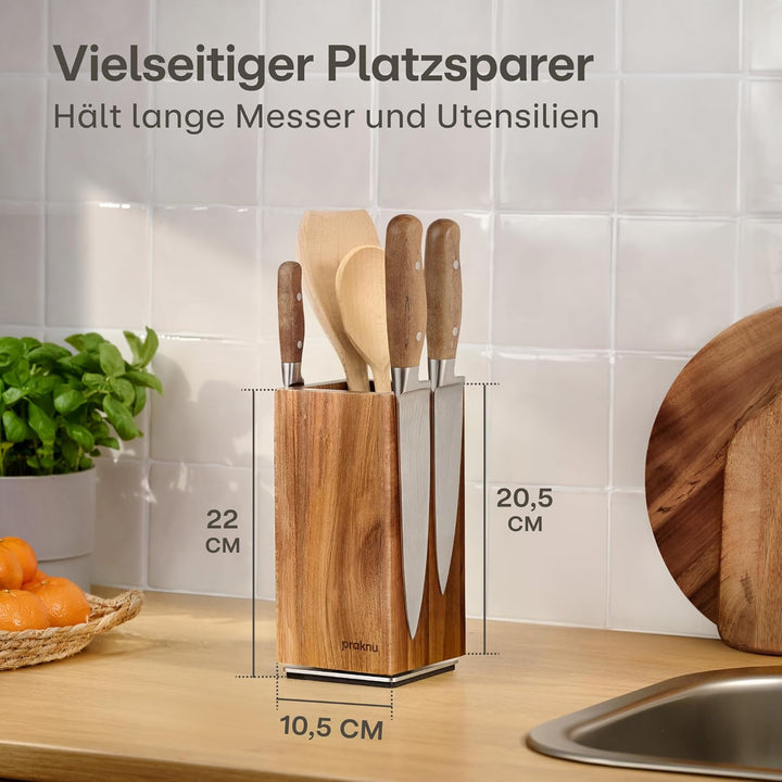 Praknu Messerblock Magnetisch 360° drehbar ohne Messer – FSC® Akazienholz mit Platz für Küchenutensi