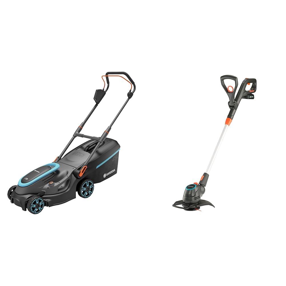 Gardena Akku-Rasenmäher PowerMax 37/36V P4A Ready-to-Use Set &amp; Akku-Trimmer ComfortCut 23/18V P4A Re