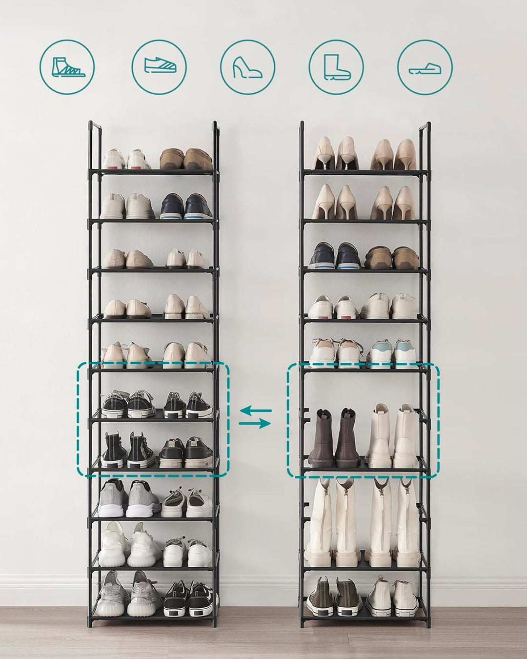 SONGMICS Schuhregal,10 Ebenen, Schuhablage, Schuhaufbewahrung, schmal, 28 x 45 x 173 cm, Metallgeste