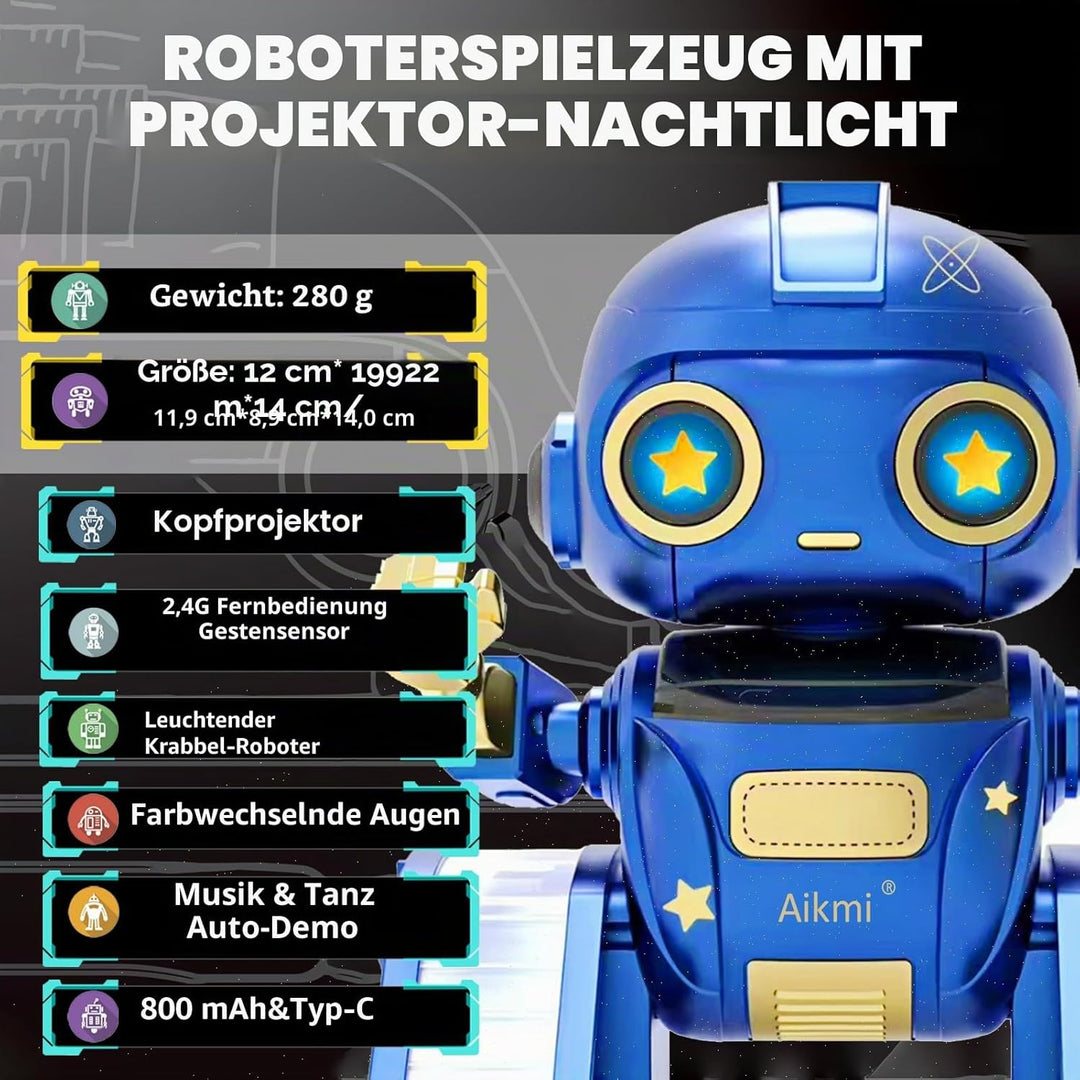 Roboter Kinder Spielzeug, Wiederaufladbar Roboter mit Sternenhimmel Projektor Nachtlicht Kinder, Mus